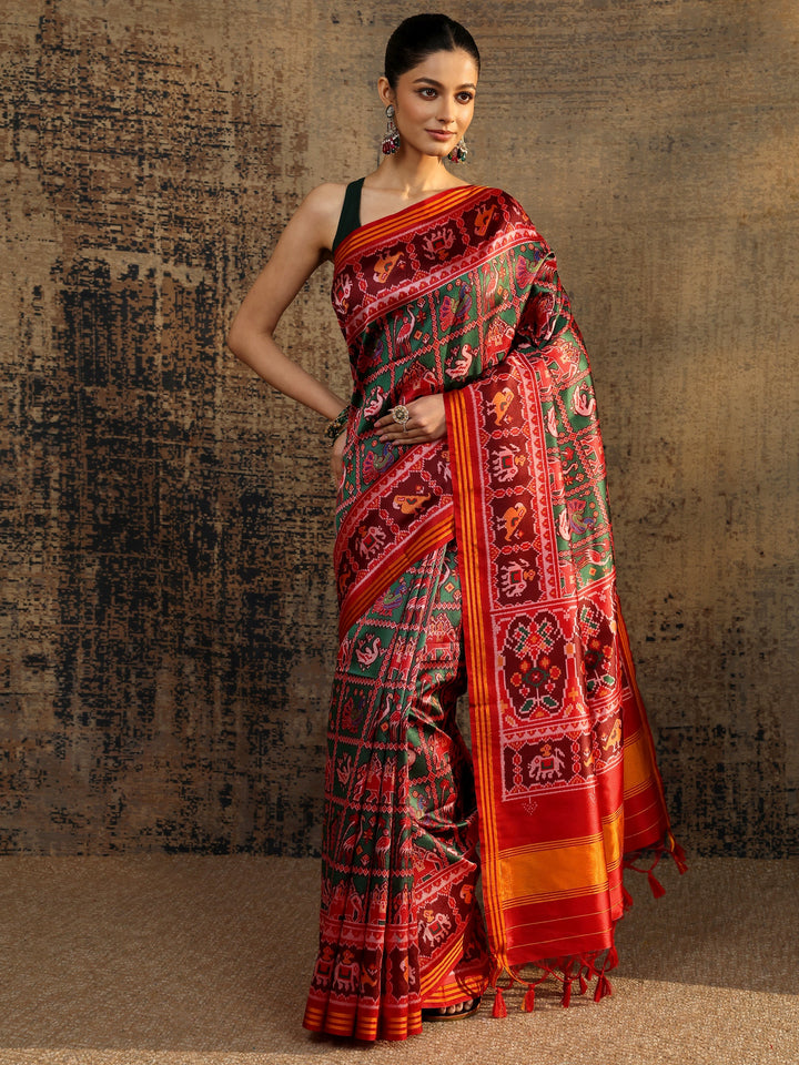 Multi Tribal Printed Silk Saree With Unstitched Blouse Piece