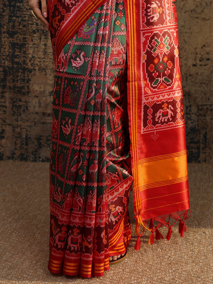 Multi Tribal Printed Silk Saree With Unstitched Blouse Piece