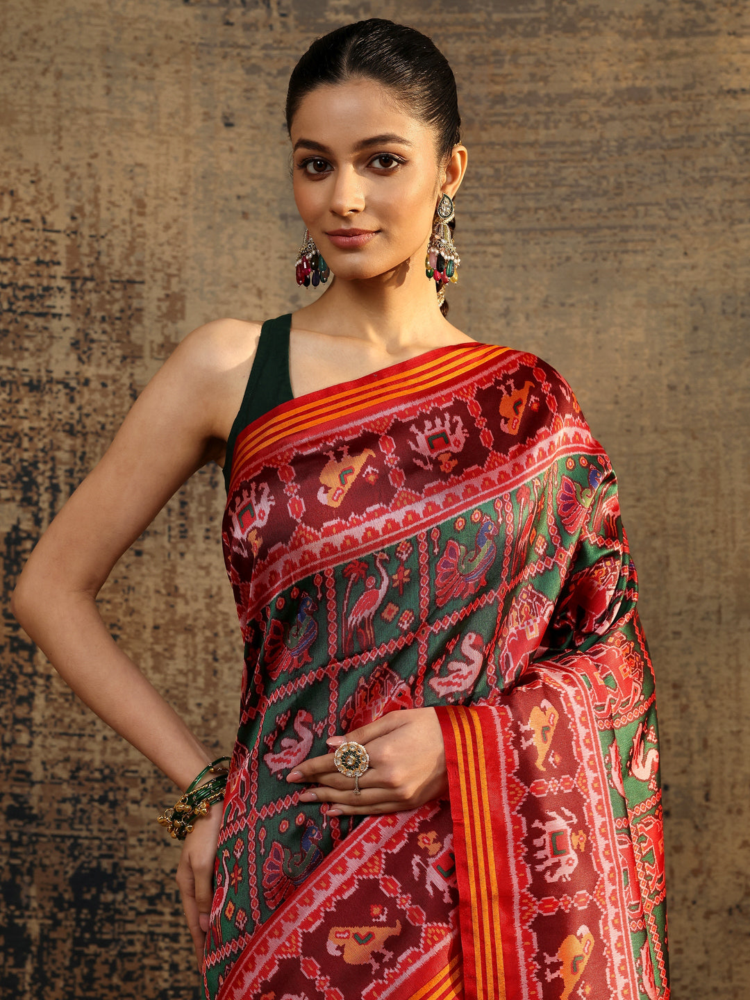 Multi Tribal Printed Silk Saree With Unstitched Blouse Piece