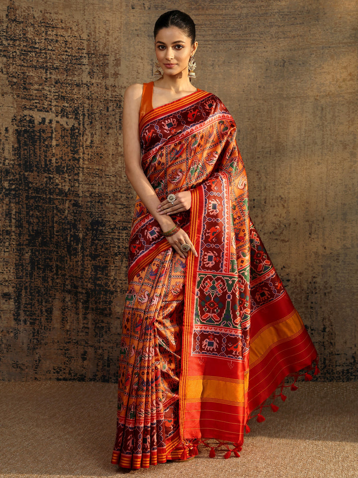 Multi Tribal Printed Silk Saree With Unstitched Blouse Piece