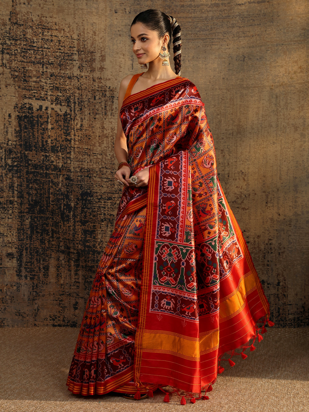 Multi Tribal Printed Silk Saree With Unstitched Blouse Piece