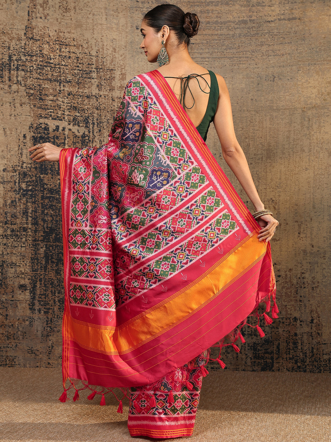 Multi Ikat Printed Silk Saree With Unstitched Blouse Piece
