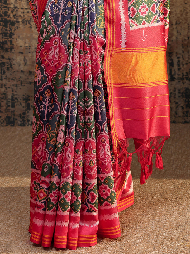 Multi Ikat Printed Silk Saree With Unstitched Blouse Piece