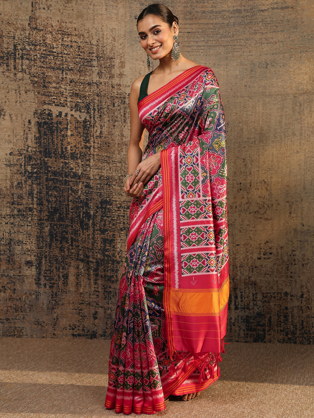 Multi Ikat Printed Silk Saree With Unstitched Blouse Piece