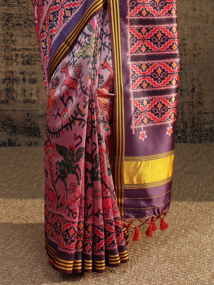 Lavender Abstract Printed Silk Saree With Unstitched Blouse Piece