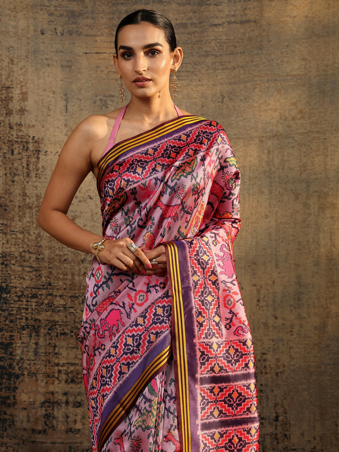 Lavender Abstract Printed Silk Saree With Unstitched Blouse Piece