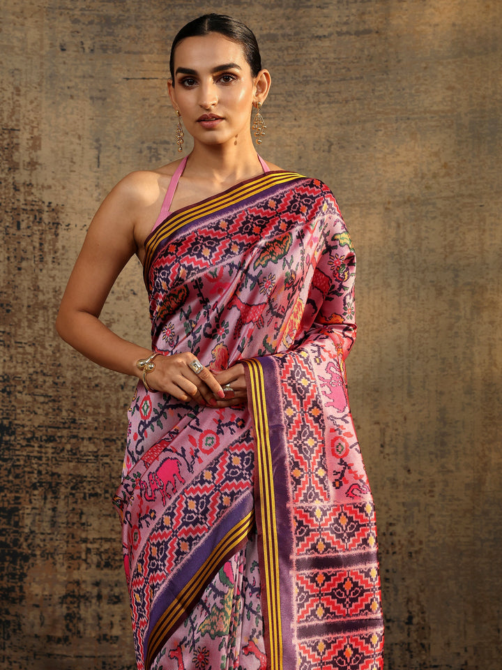 Lavender Abstract Printed Silk Saree With Unstitched Blouse Piece
