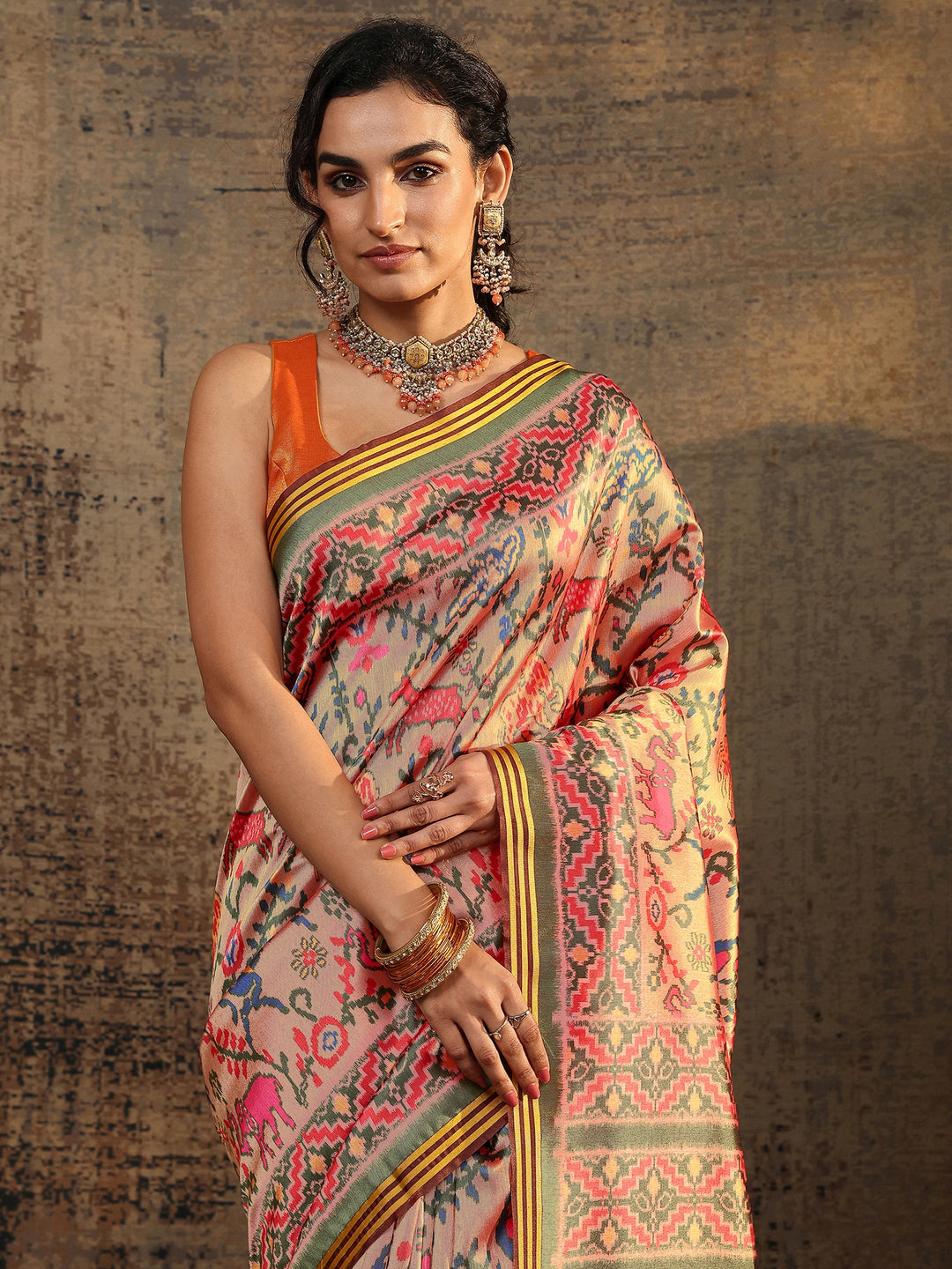 Peach Ikat Printed Silk Saree With Unstitched Blouse Piece