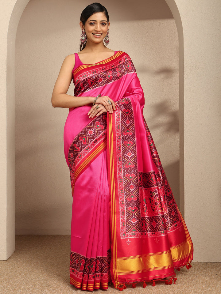 Pink Solid Silk Saree With Unstitched Blouse Piece