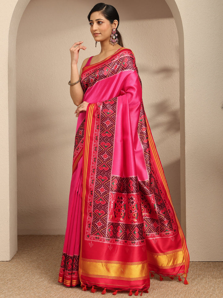 Pink Solid Silk Saree With Unstitched Blouse Piece