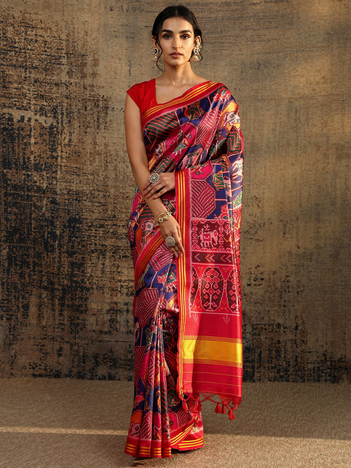Multi Printed Silk Saree With Unstitched Blouse Piece