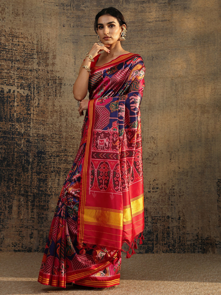 Multi Printed Silk Saree With Unstitched Blouse Piece