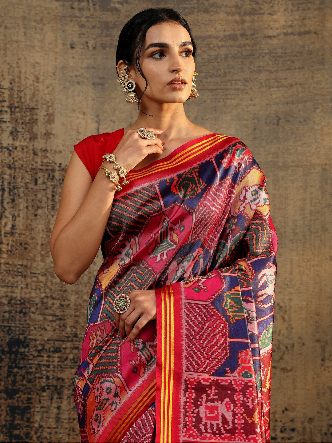 Multi Printed Silk Saree With Unstitched Blouse Piece