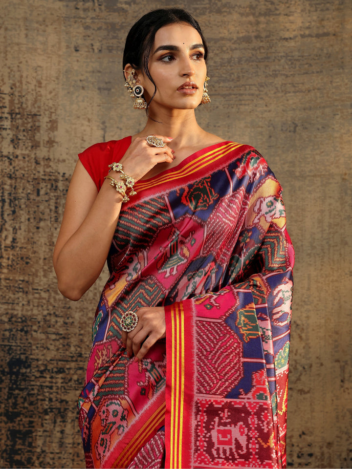 Multi Printed Silk Saree With Unstitched Blouse Piece