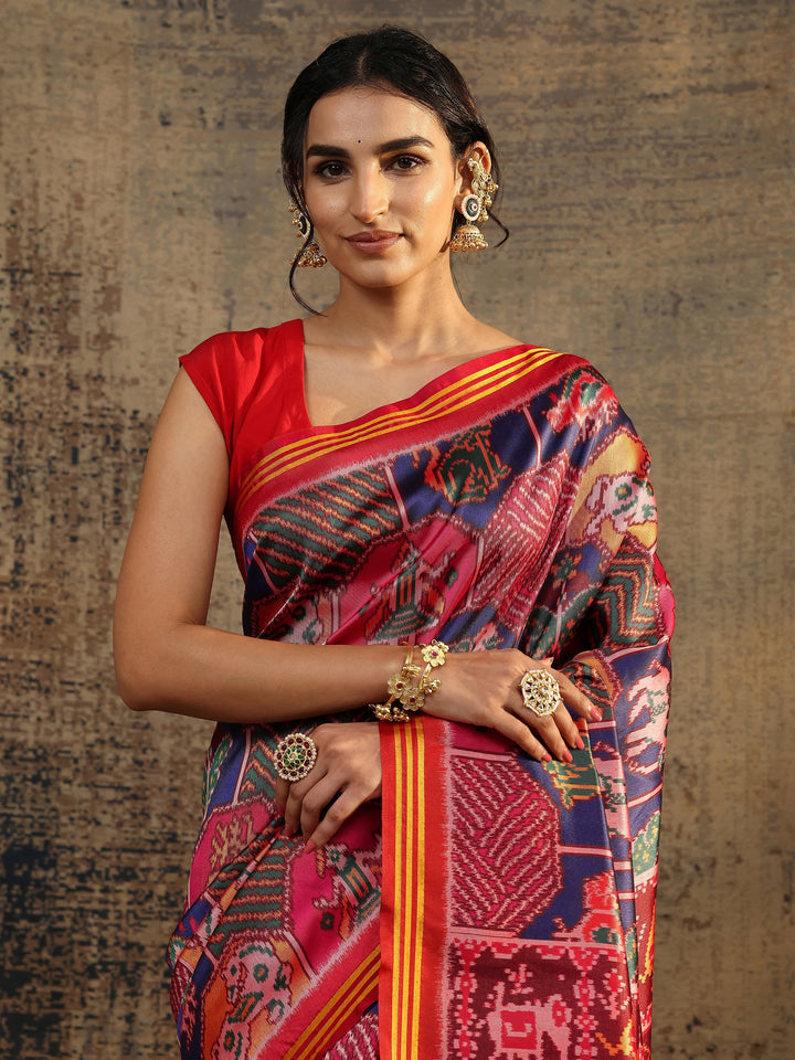 Multi Printed Silk Saree With Unstitched Blouse Piece
