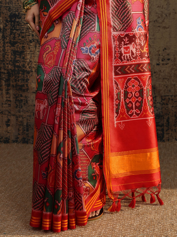 Multi Printed Silk Saree With Unstitched Blouse Piece