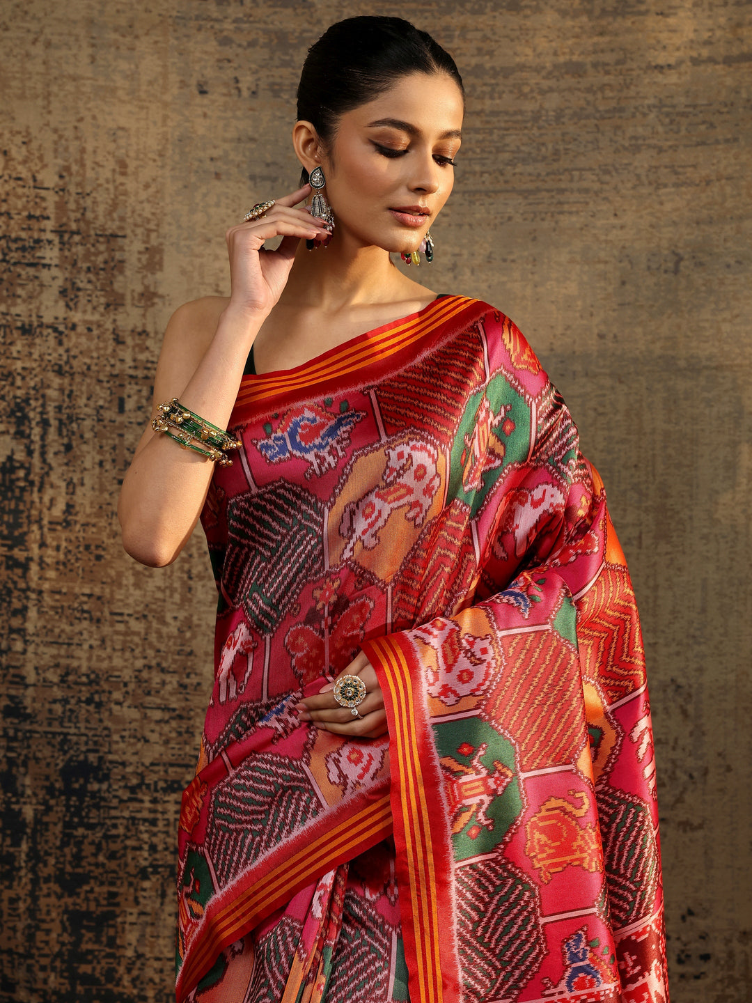 Multi Printed Silk Saree With Unstitched Blouse Piece