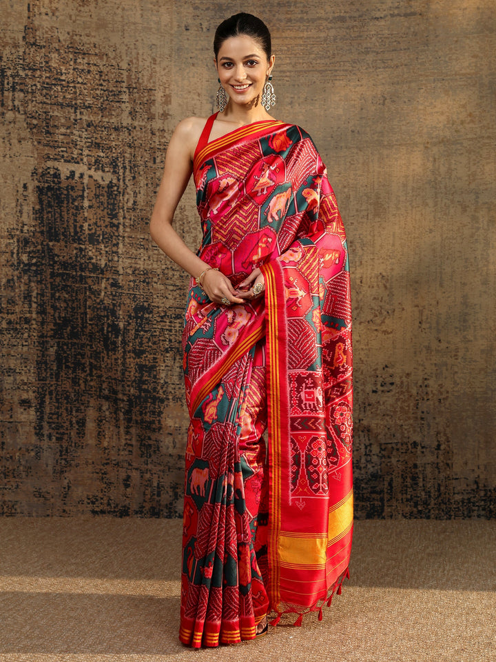 Multi Printed Silk Saree With Unstitched Blouse Piece