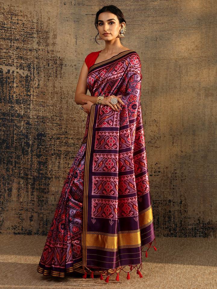 Purple Printed Silk Saree With Unstitched Blouse Piece