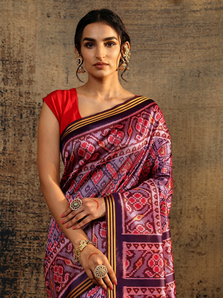 Purple Printed Silk Saree With Unstitched Blouse Piece