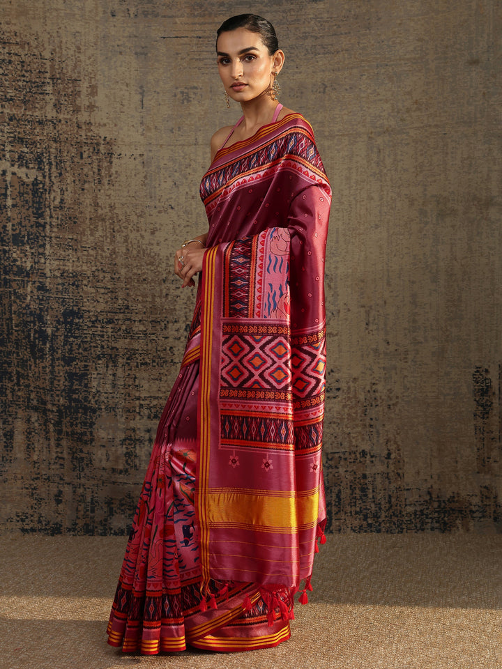 Pink Printed Silk Saree With Unstitched Blouse Piece