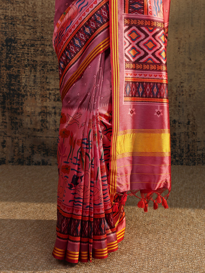Pink Printed Silk Saree With Unstitched Blouse Piece