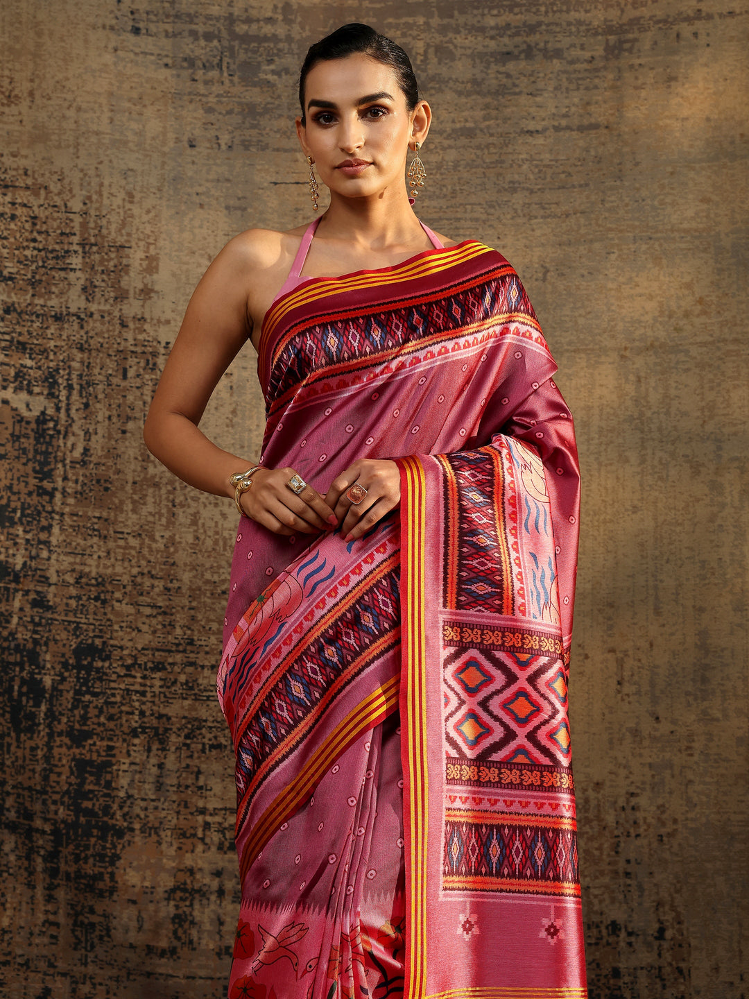 Pink Printed Silk Saree With Unstitched Blouse Piece