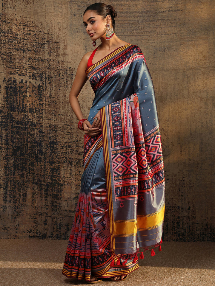 Blue Printed Silk Saree With Unstitched Blouse Piece