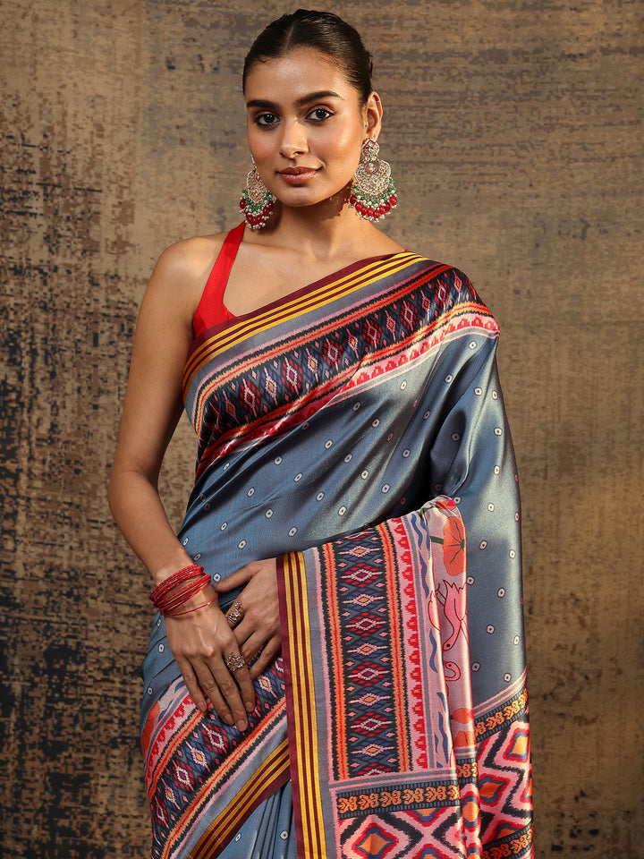 Blue Printed Silk Saree With Unstitched Blouse Piece