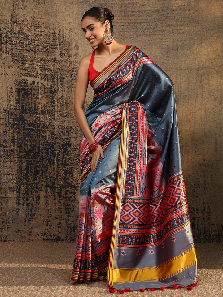 Blue Printed Silk Saree With Unstitched Blouse Piece