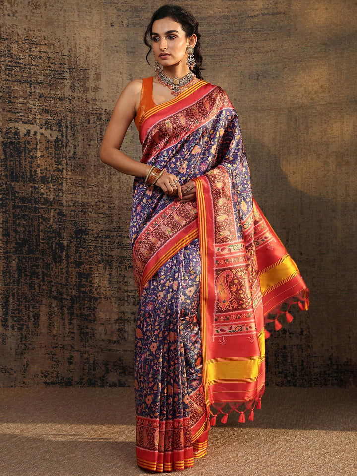 Red Printed Silk Saree With Unstitched Blouse Piece