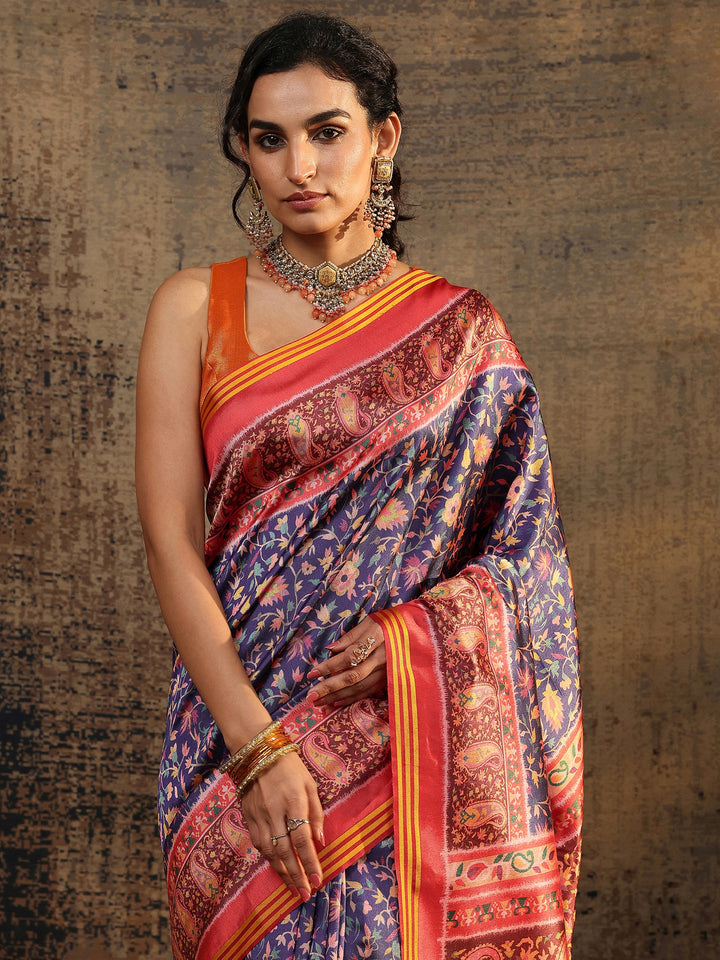 Red Printed Silk Saree With Unstitched Blouse Piece