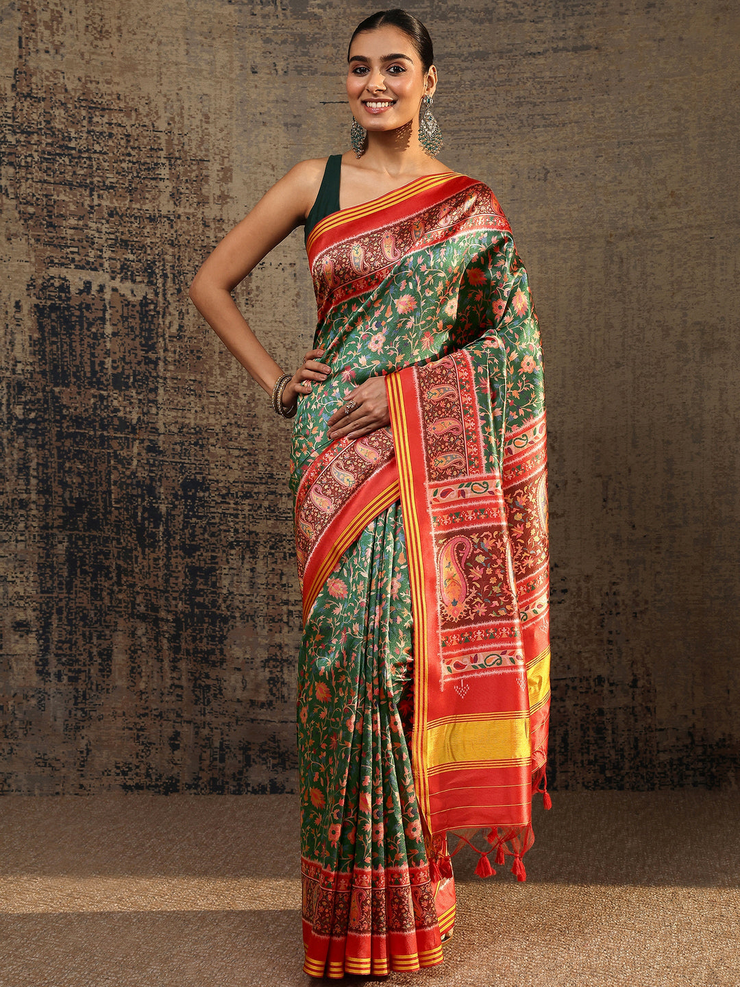 Green Printed Silk Baluchari Saree With Unstitched Blouse Piece