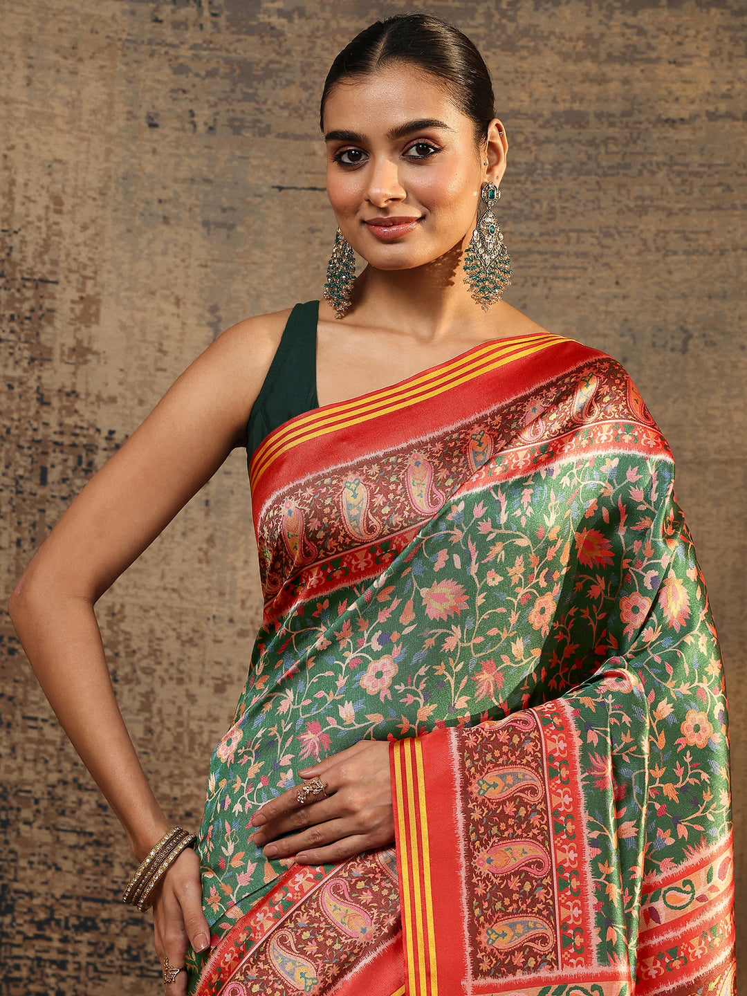 Green Printed Silk Baluchari Saree With Unstitched Blouse Piece