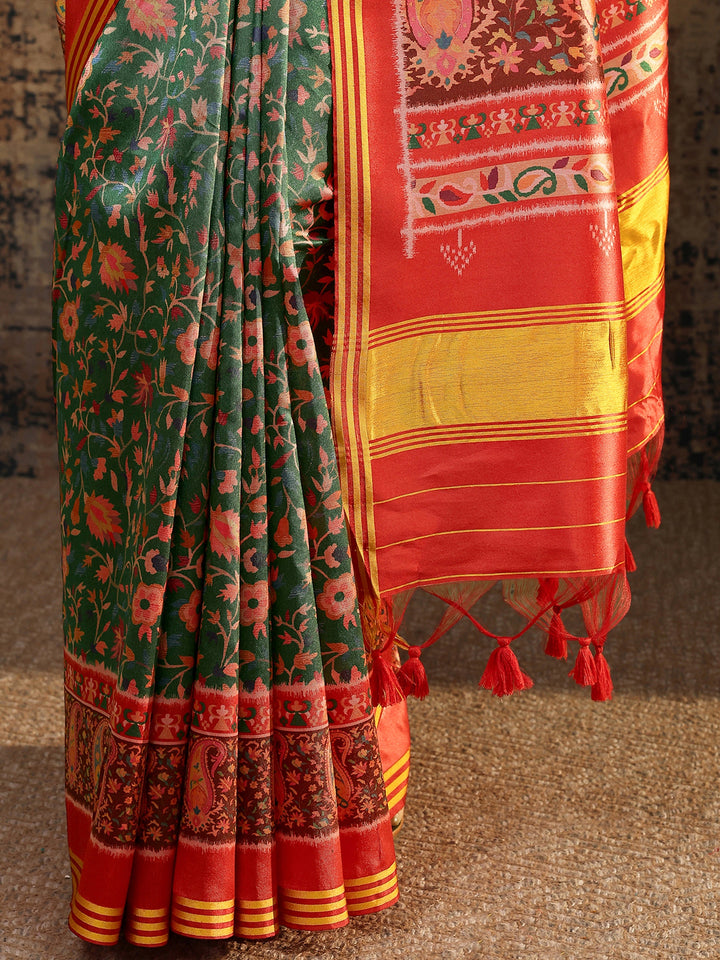 Green Printed Silk Baluchari Saree With Unstitched Blouse Piece
