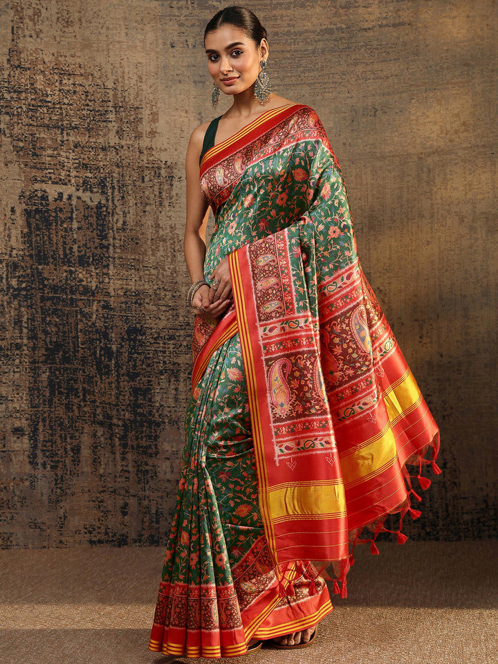Green Printed Silk Baluchari Saree With Unstitched Blouse Piece