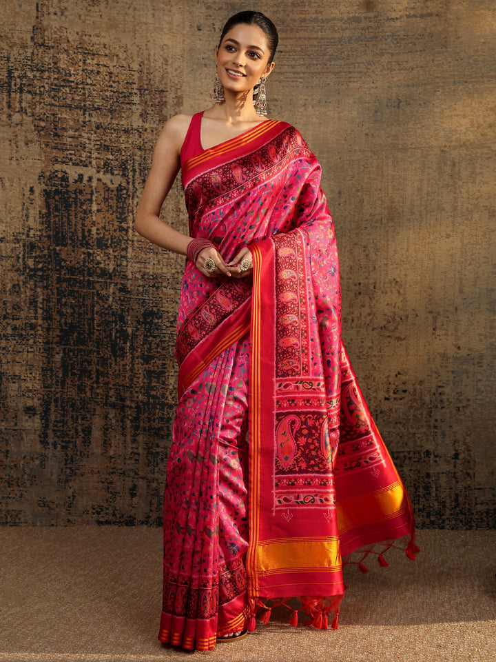 Pink Printed Silk Saree With Unstitched Blouse Piece