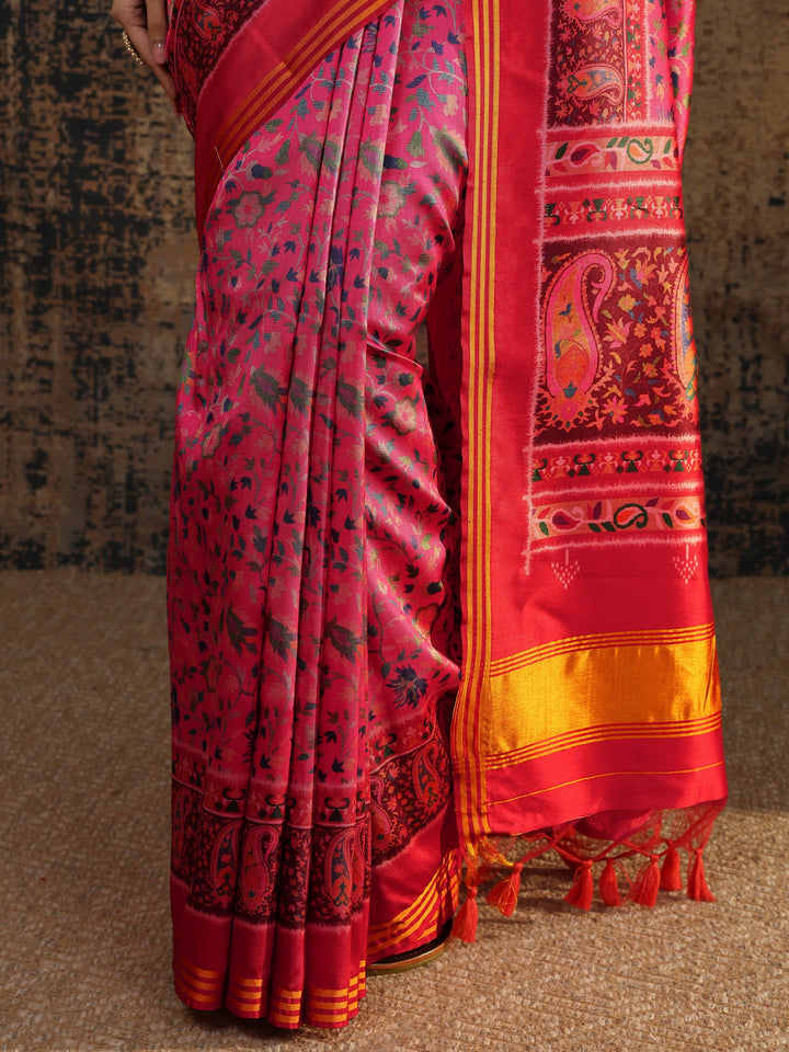 Pink Printed Silk Saree With Unstitched Blouse Piece