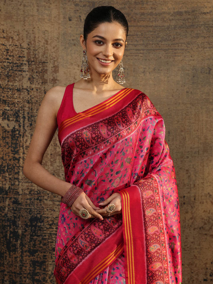 Pink Printed Silk Saree With Unstitched Blouse Piece