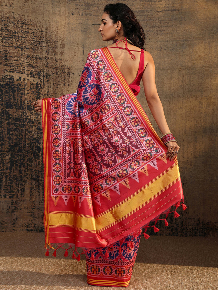 Red Ikat Printed Silk Saree With Unstitched Blouse Piece