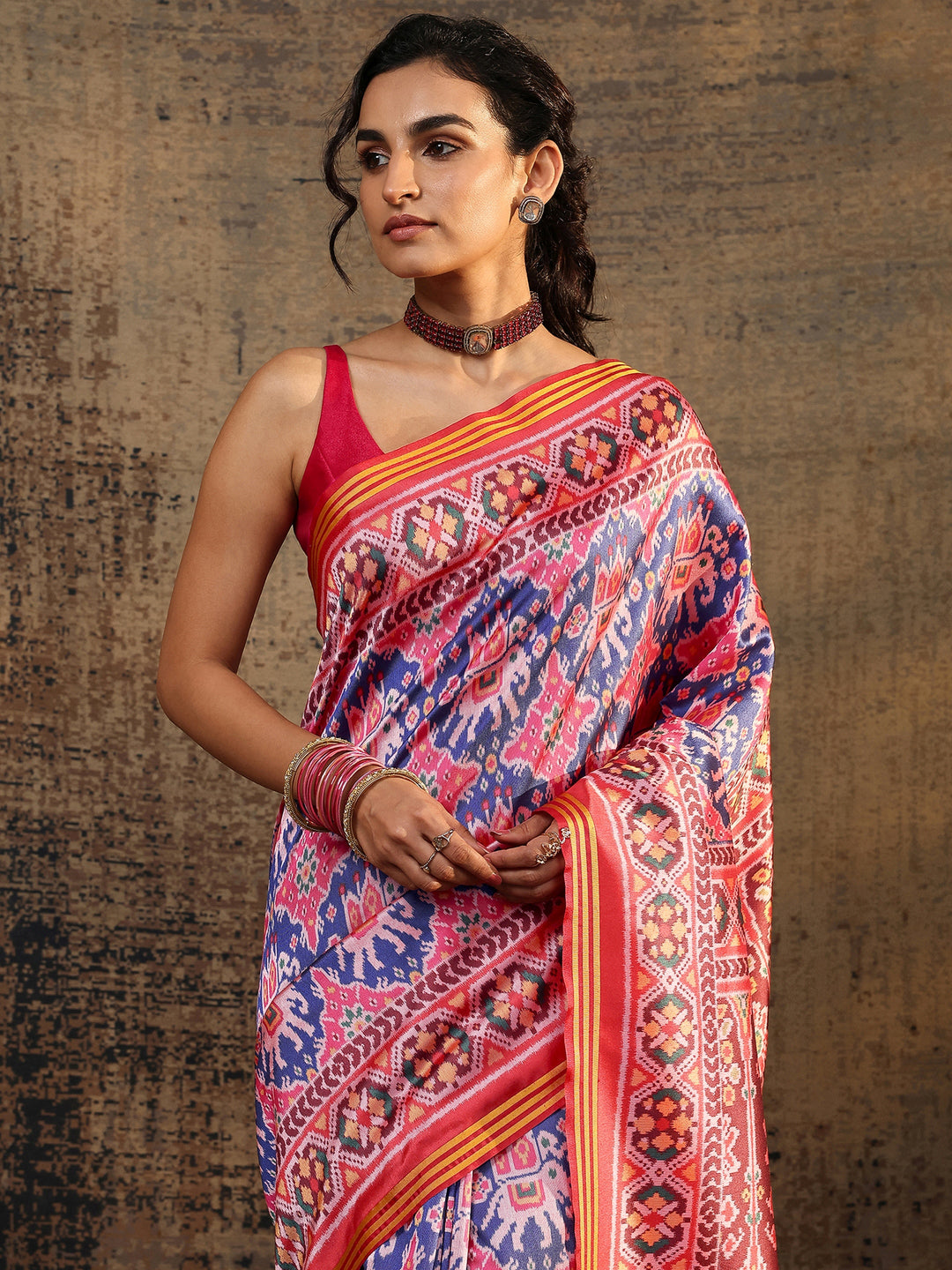 Red Ikat Printed Silk Saree With Unstitched Blouse Piece