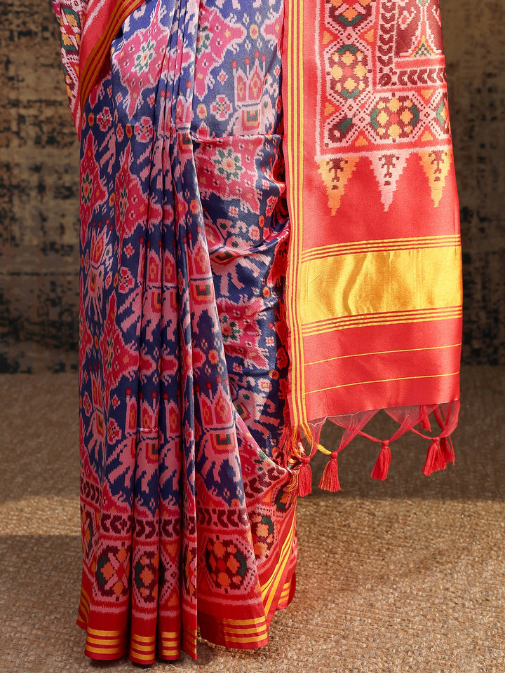 Red Ikat Printed Silk Saree With Unstitched Blouse Piece