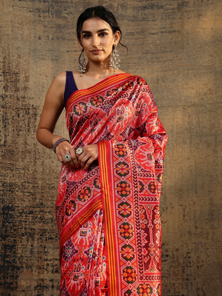 Multi Abstract Printed Silk Saree With Unstitched Blouse Piece