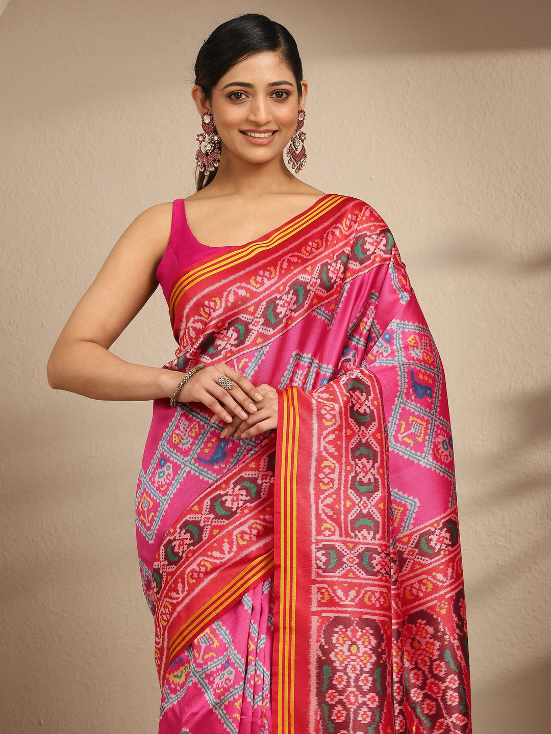 Pink Printed Silk Saree With Unstitched Blouse Piece