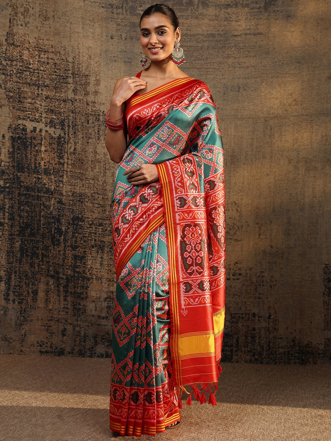 Red Ikat Printed Silk Saree With Unstitched Blouse Piece