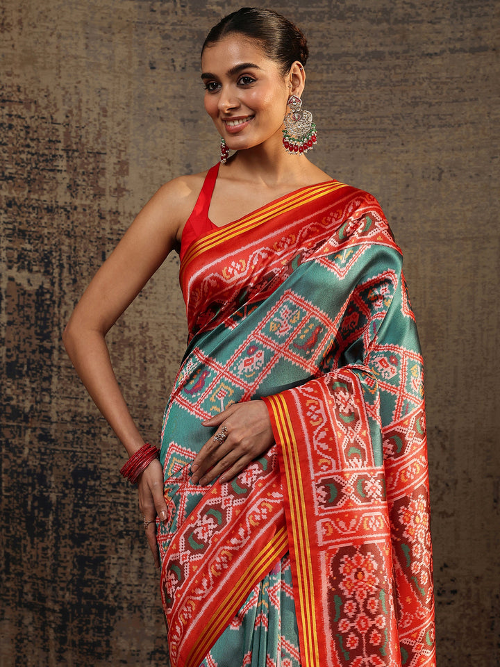 Red Ikat Printed Silk Saree With Unstitched Blouse Piece