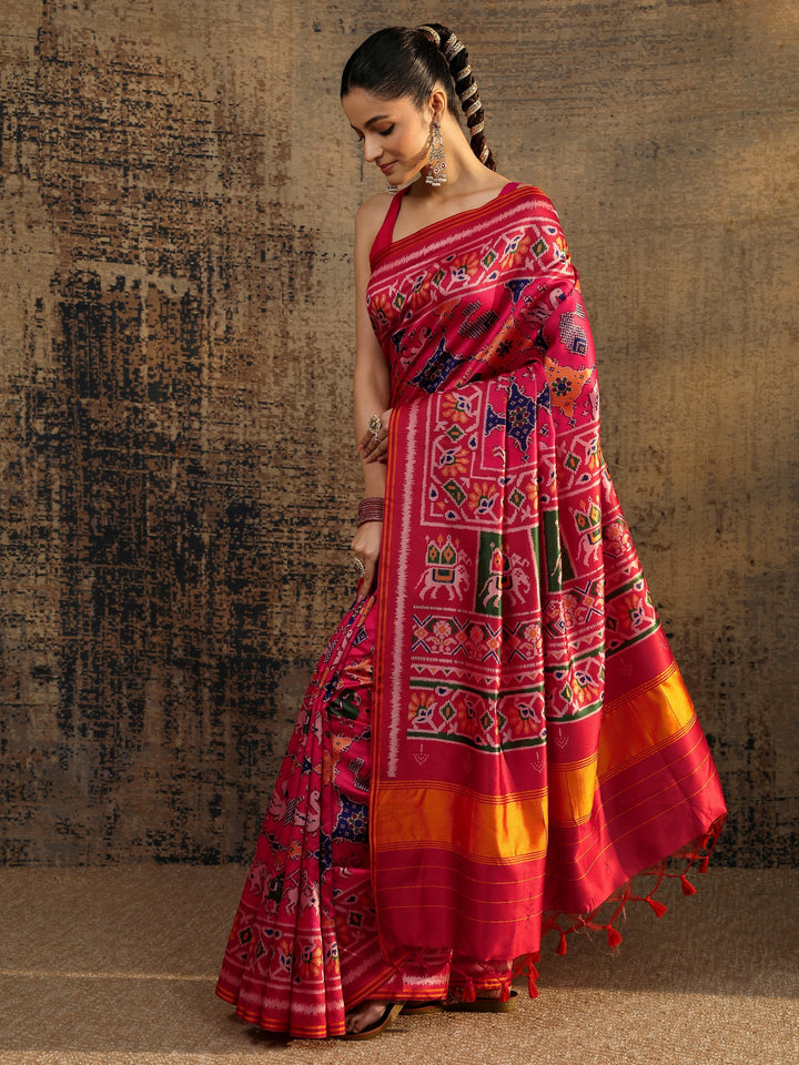 Multi Printed Silk Saree With Unstitched Blouse Piece