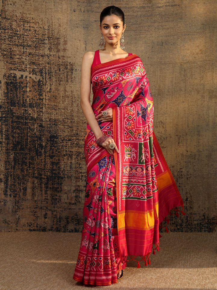 Multi Printed Silk Saree With Unstitched Blouse Piece