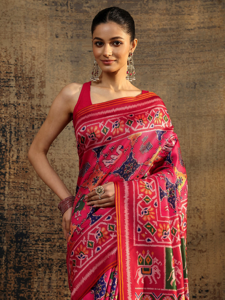 Multi Printed Silk Saree With Unstitched Blouse Piece