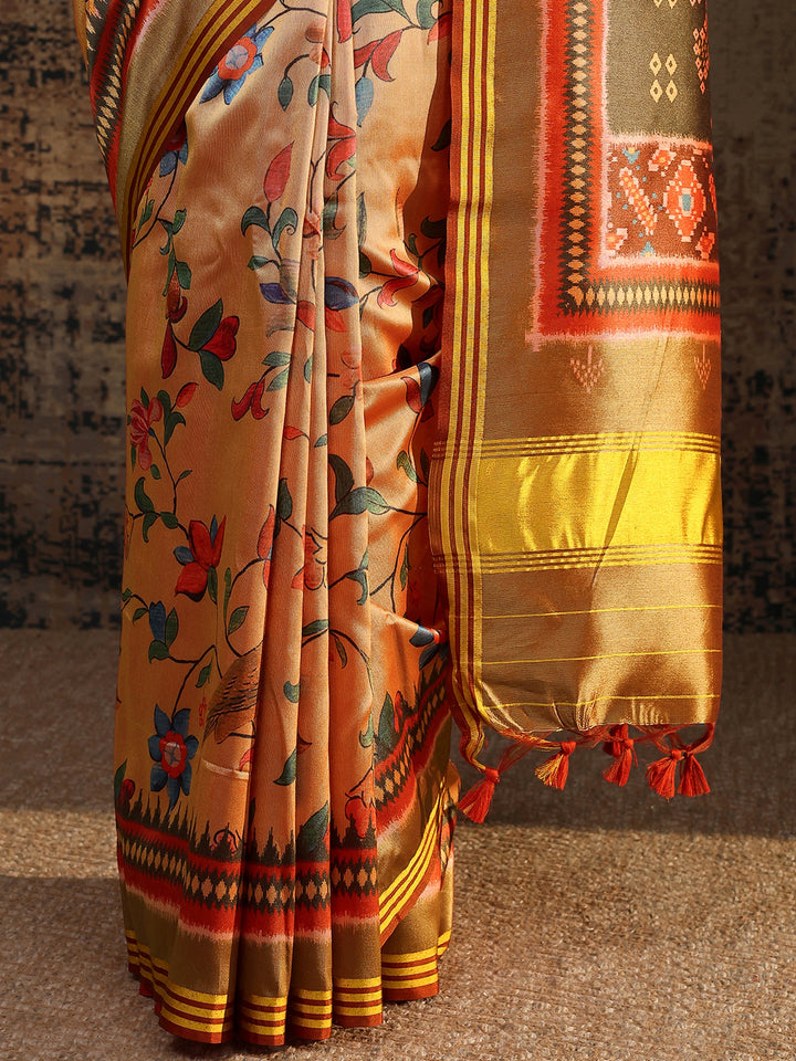 Gold Printed Silk Saree With Unstitched Blouse Piece